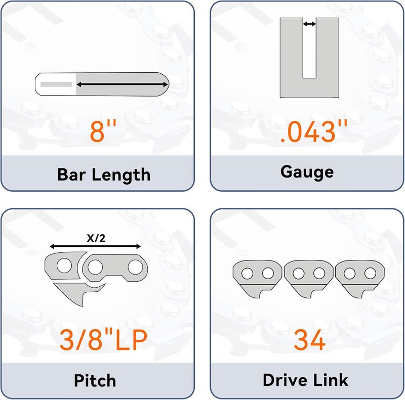 NEO-TEC 8 Inch Chainsaw Chain,3/8"LP Pitch,.043" Gauge 34 Drive Links R34 Replacement Chainsaw and Pole Saw Chain Fits for DeWalt DCPS620 Poulan Remington and More(3 Chains） - Image 2